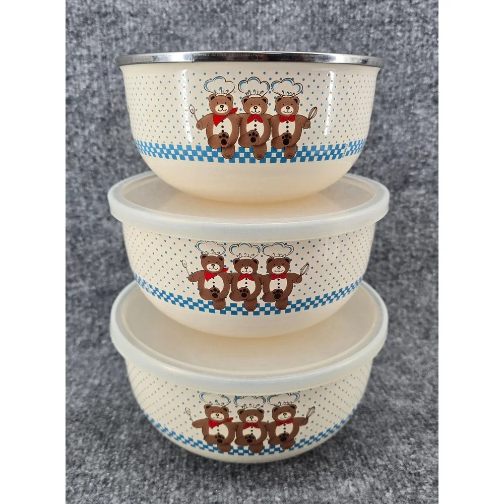 Vtg Set of 3 B&D Enamel Mixing Bowls Teddy Bear Chef w/ 2 Lids Metal 80s Rare